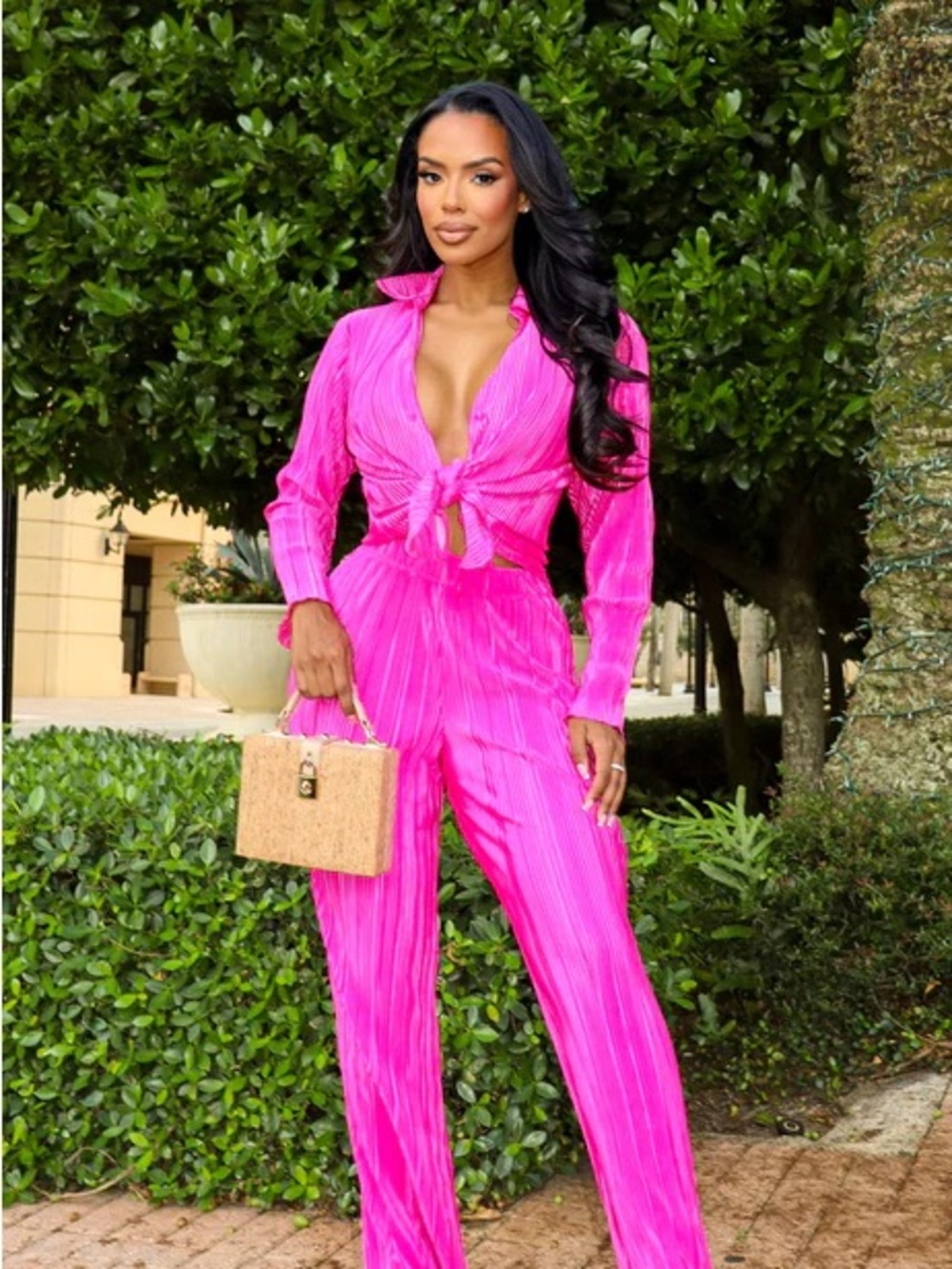 Hot Pink Women's 2 Piece — Tie-Front Long Sleeve